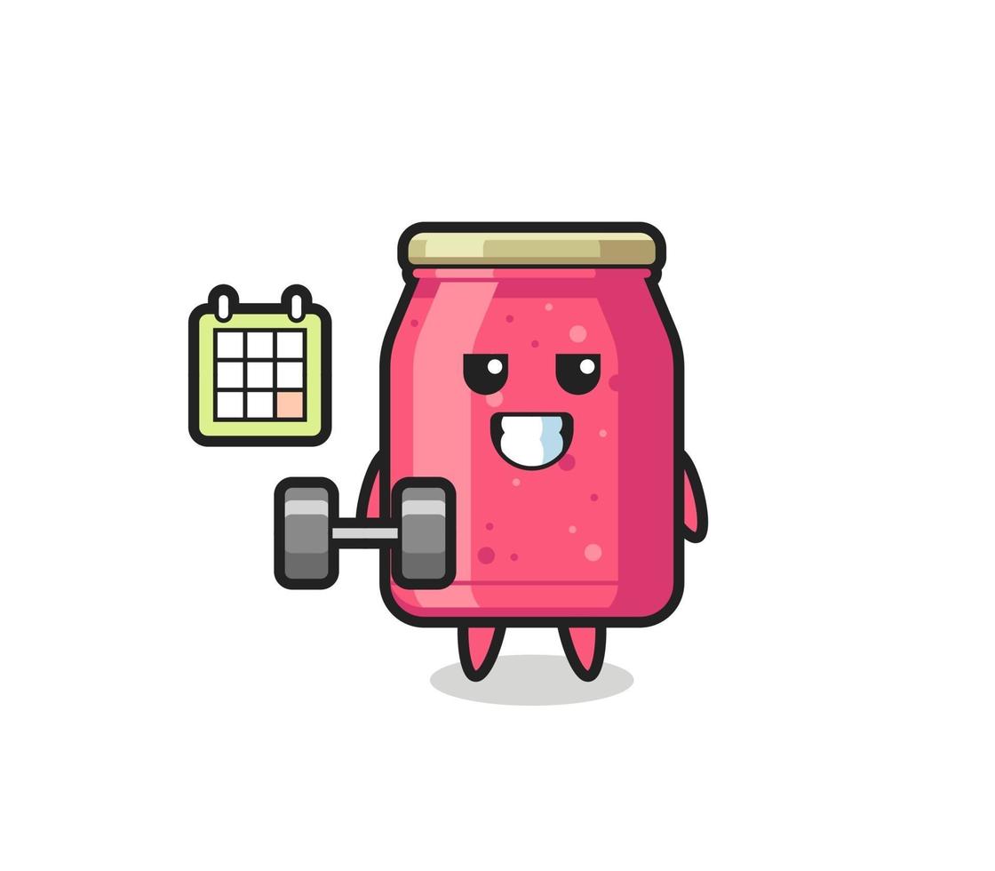 dibujos animados de la mascota de mermelada de fresa haciendo fitness con mancuernas vector