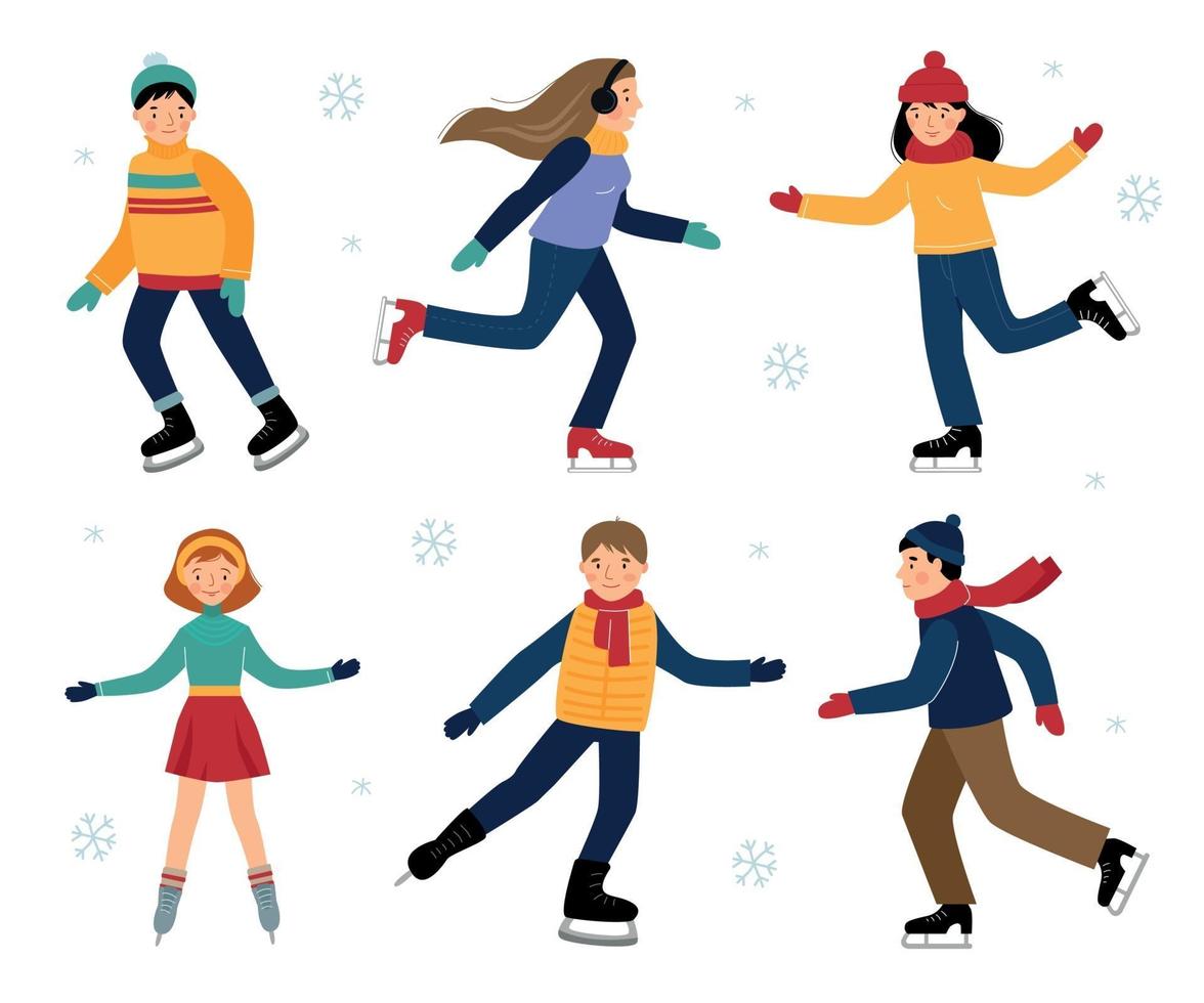 Vector set with six children ice skating. Winter fun.