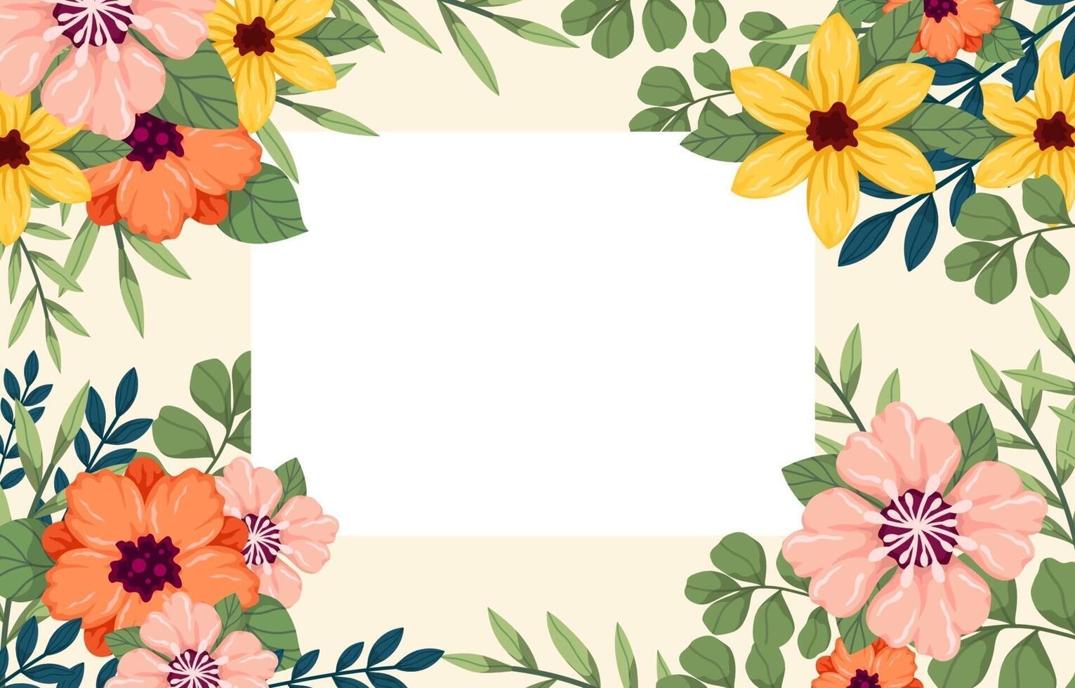 Tropical flowers and leaves background with white frame vector