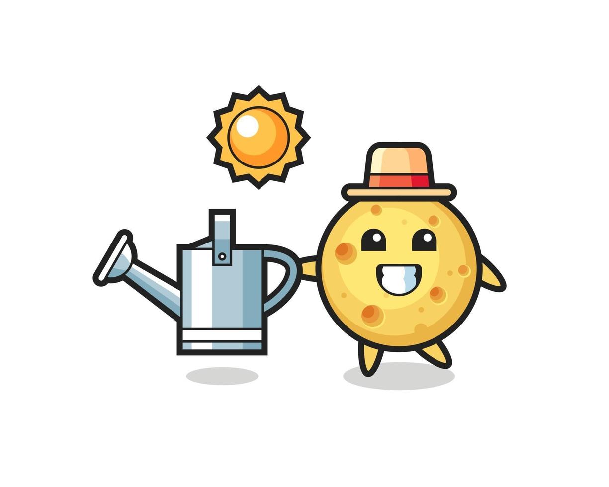 Cartoon character of round cheese holding watering can vector