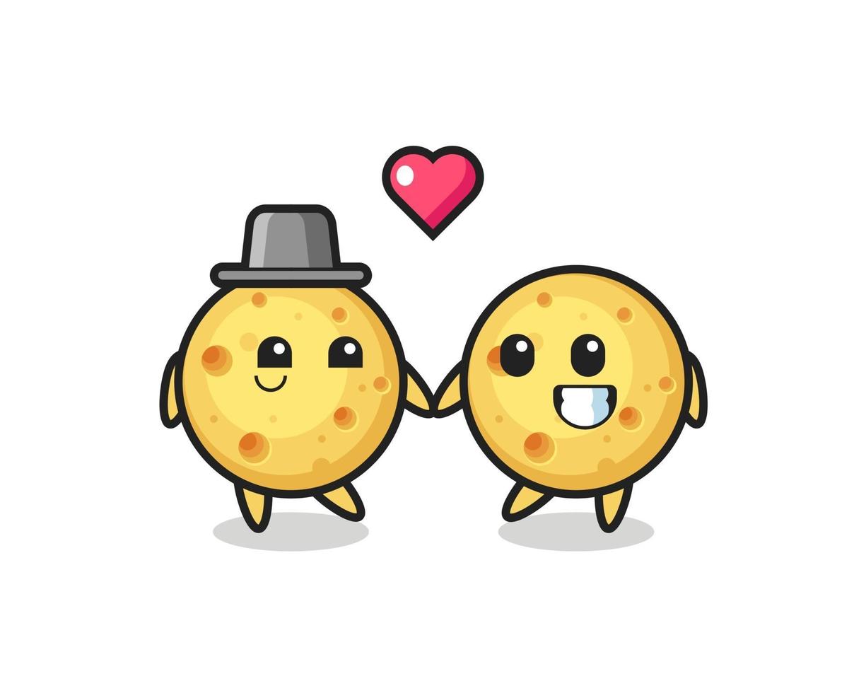 Pareja de personaje de dibujos animados de queso redondo con gesto de enamorarse vector