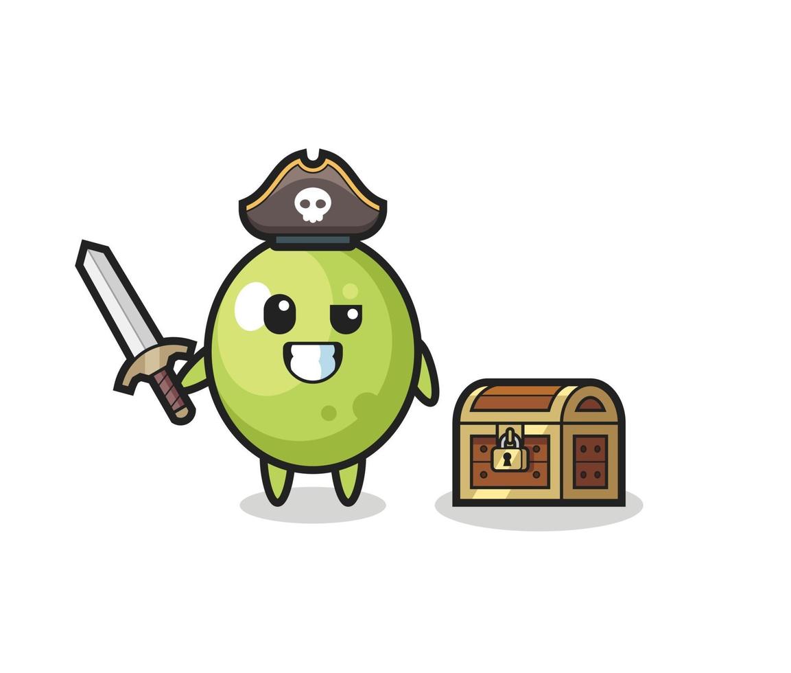 el personaje pirata de oliva sosteniendo la espada junto a un cofre del tesoro vector