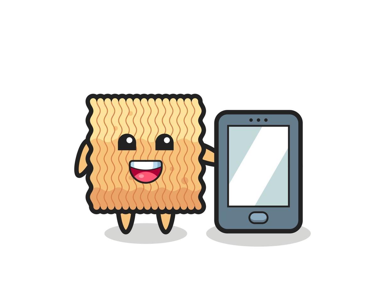 raw instant noodle illustration cartoon holding a smartphone vector