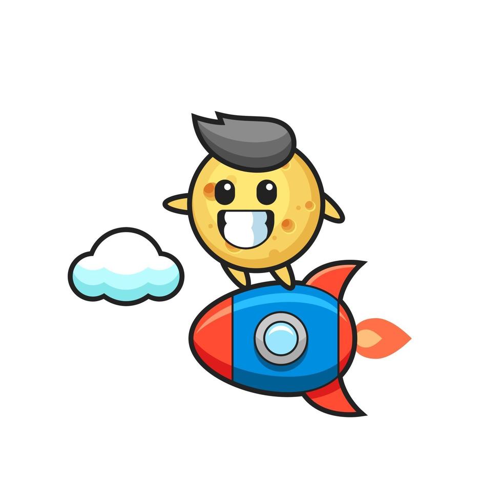 round cheese mascot character riding a rocket vector