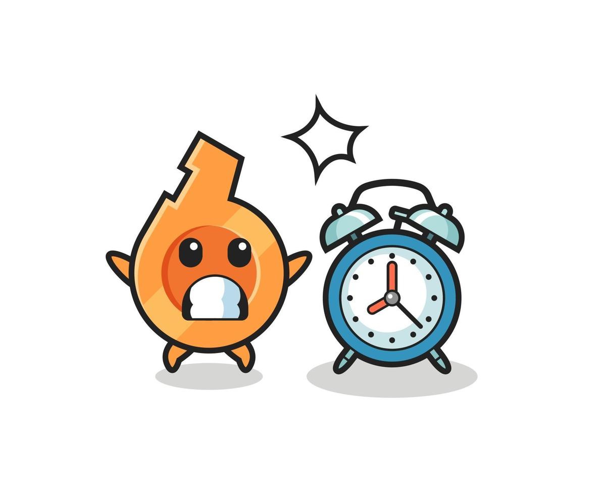 Cartoon Illustration of whistle is surprised with a giant alarm clock vector