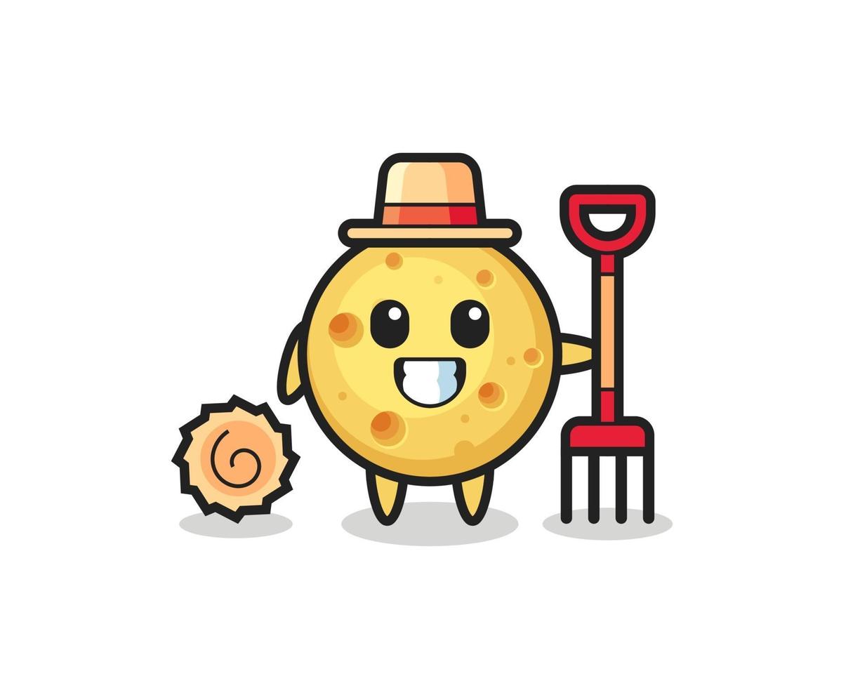 Personaje de mascota de queso redondo como agricultor. vector