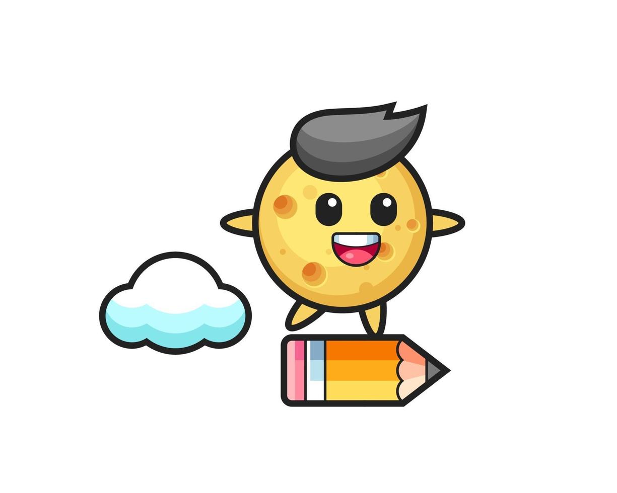round cheese mascot illustration riding on a giant pencil vector