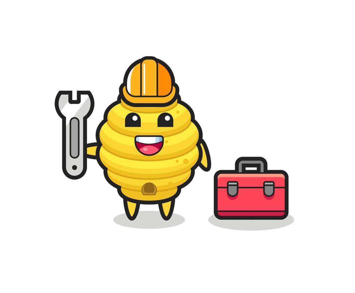 Mascot cartoon of bee hive as a mechanic vector