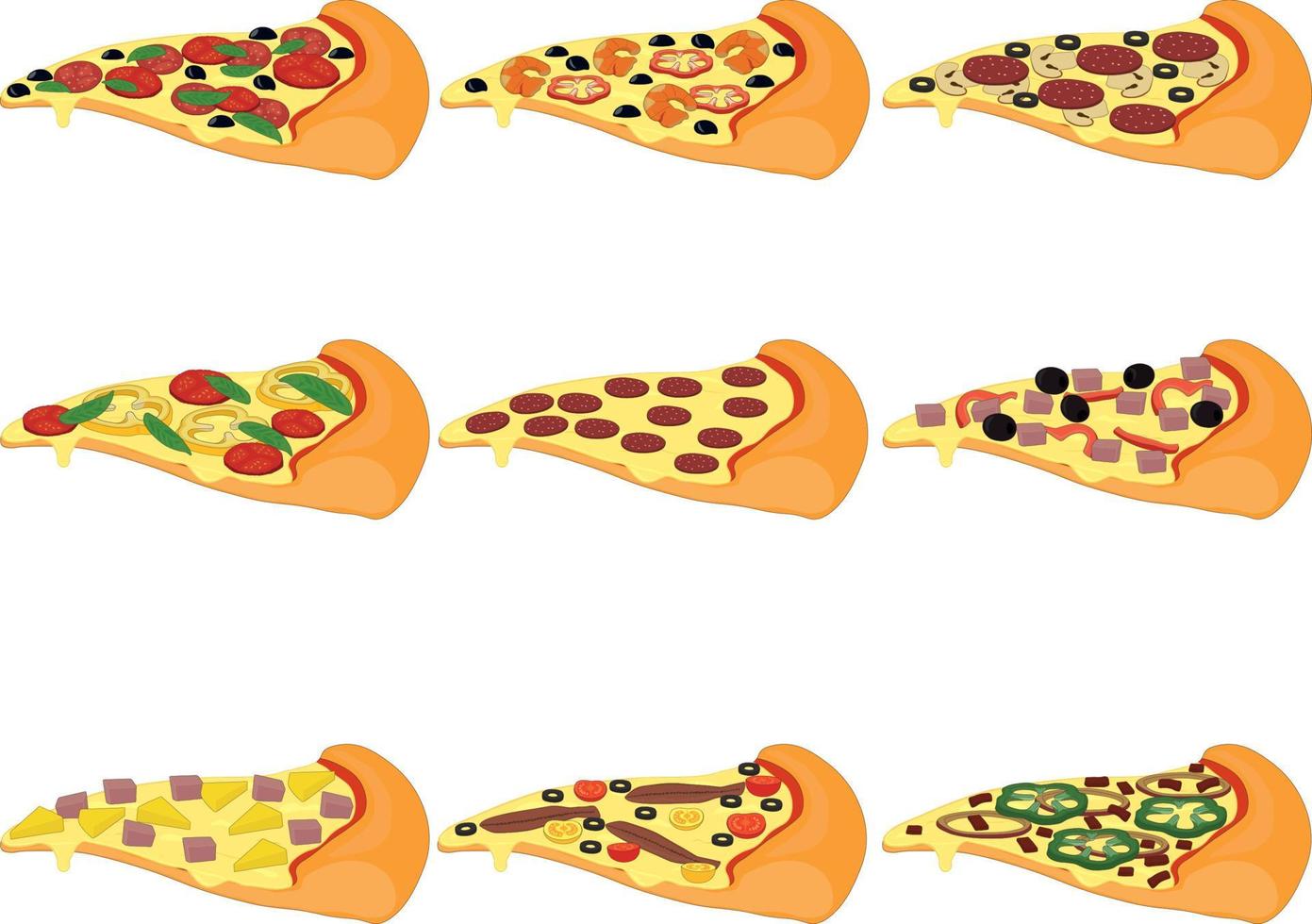 Tipos de rebanadas de pizza con diferentes coberturas vector de colección