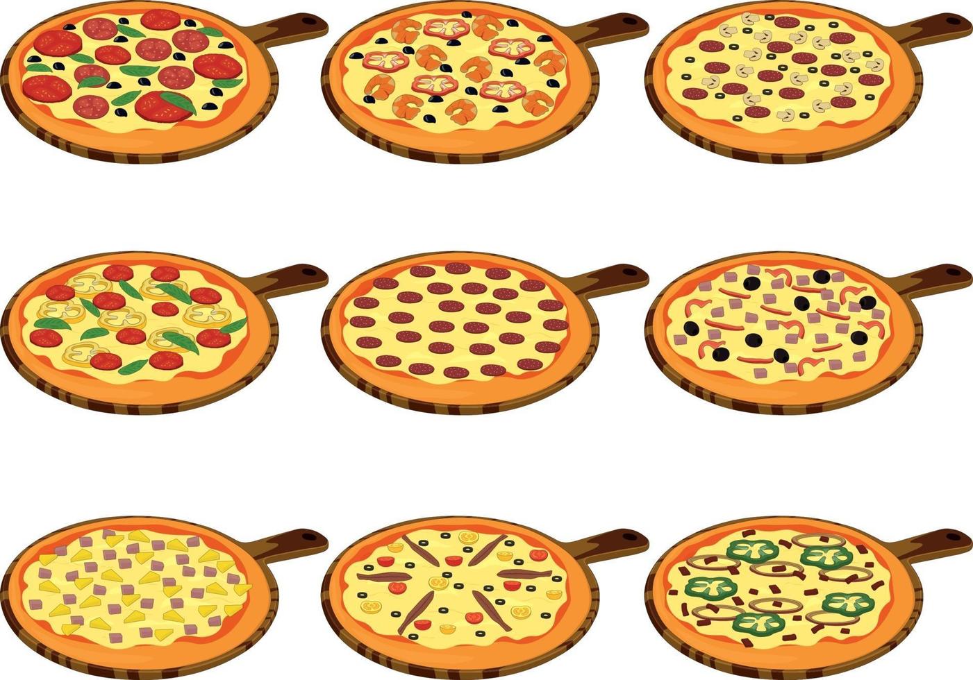 Whole pizza types with different toppings collection vector