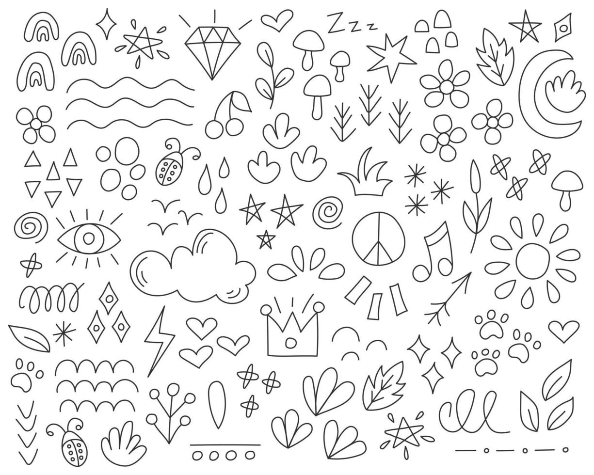 Vector set of design elements in doodle style. Signs, symbols