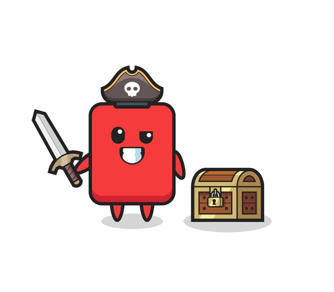 el personaje pirata de la tarjeta roja sosteniendo la espada al lado de un cofre del tesoro vector
