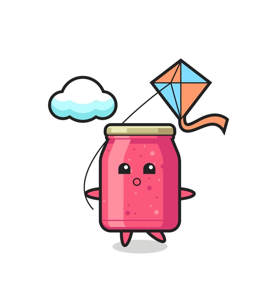 strawberry jam mascot illustration is playing kite vector