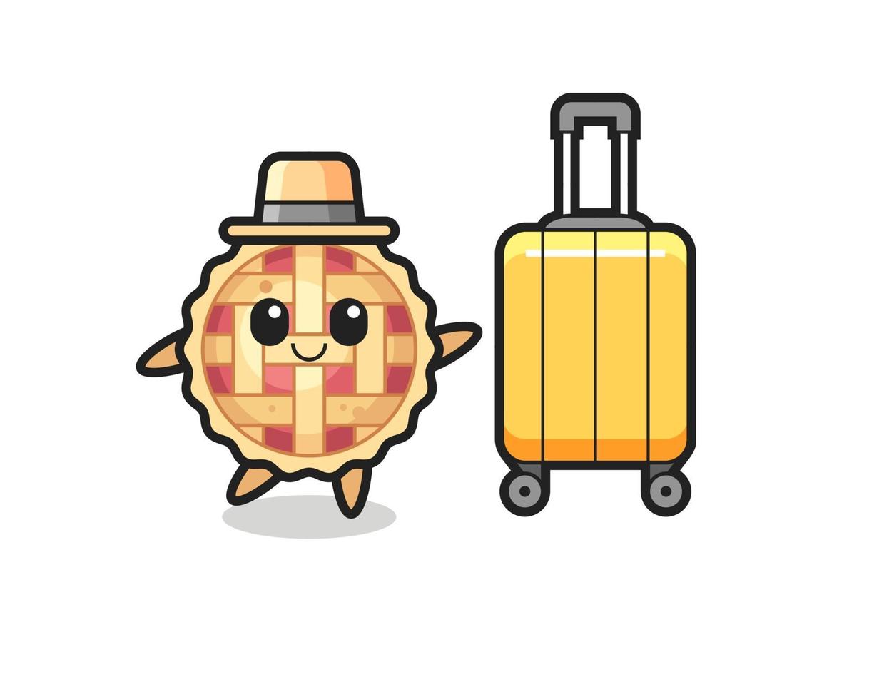 apple pie cartoon illustration with luggage on vacation vector