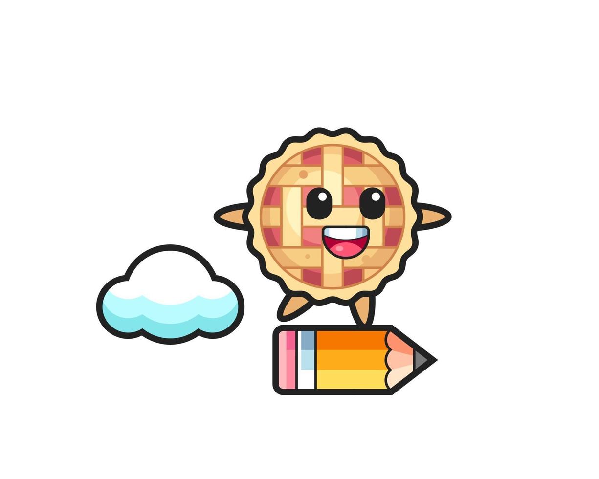 ilustración de la mascota de la tarta de manzana montada en un lápiz gigante vector