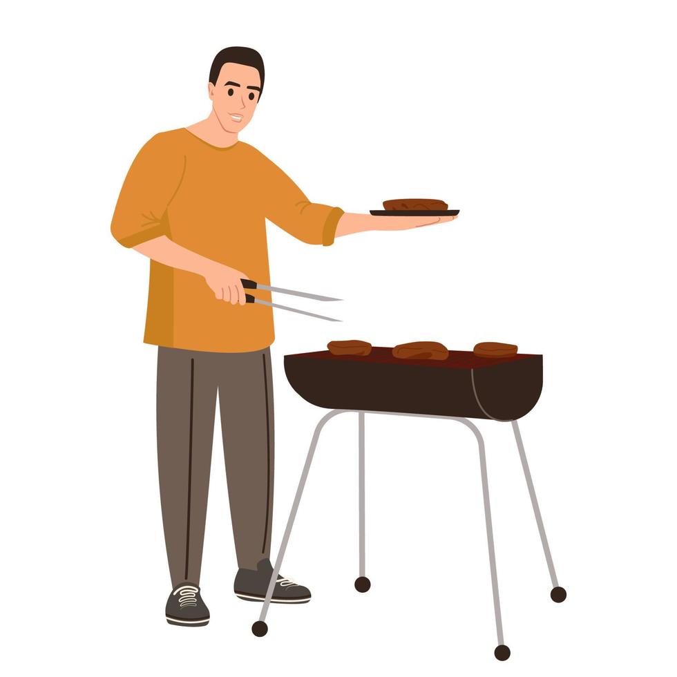 Young man cooking on the grill. Isolated vector illustration of a man preparing barbecue meat.