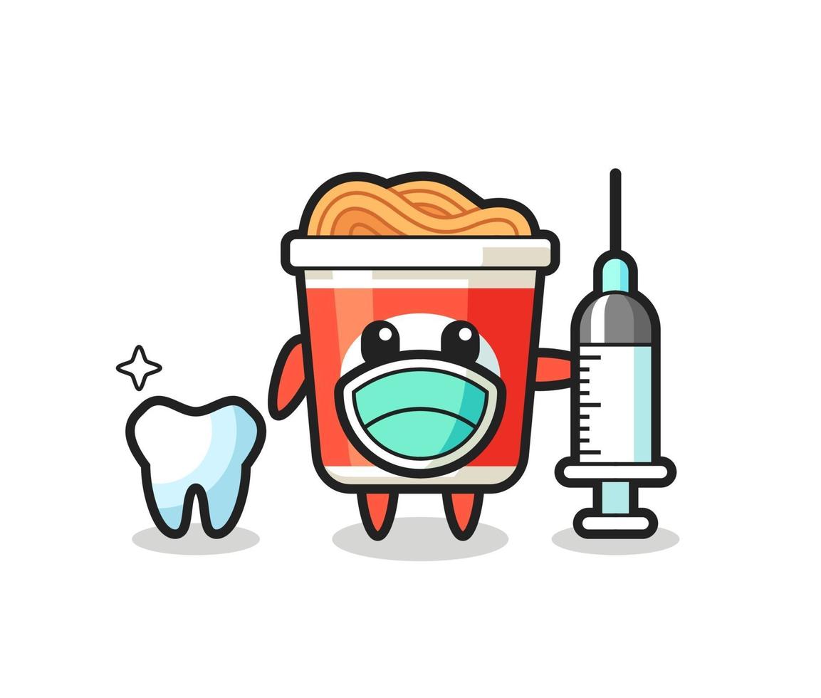 Personaje de mascota de fideos instantáneos como dentista. vector