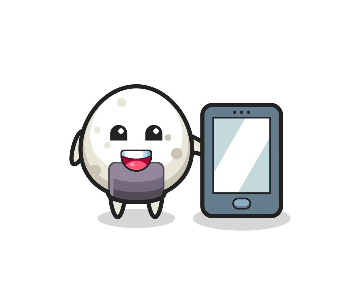 dibujos animados de ilustración de onigiri sosteniendo un teléfono inteligente vector