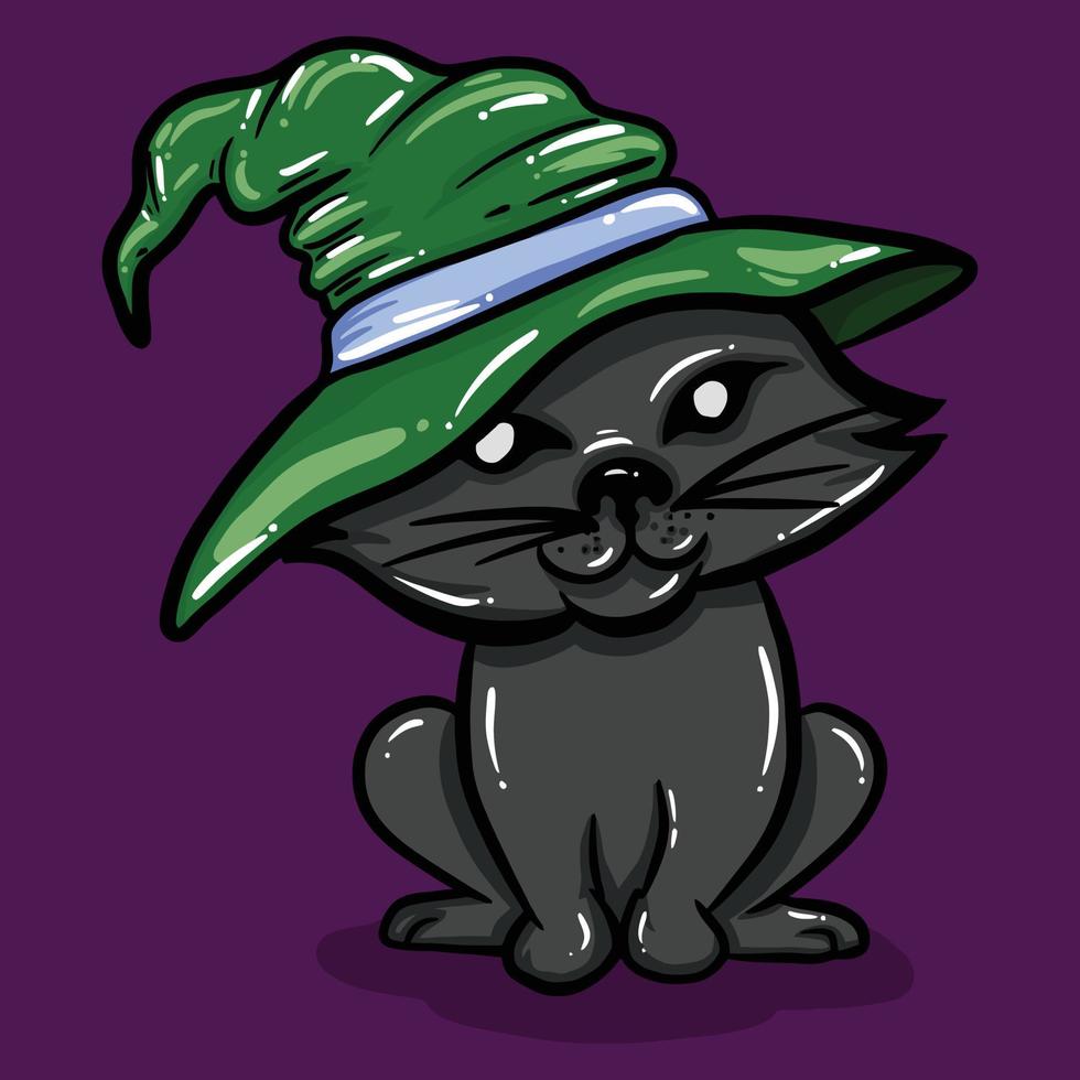 gato negro con un sombrero de bruja en una ilustración de halloween vector