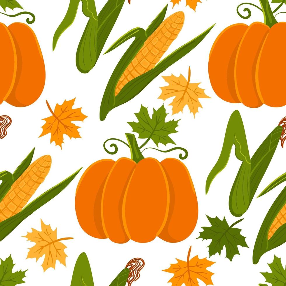 Autumn harvest seamless pattern. vector pumpkin, corn background.