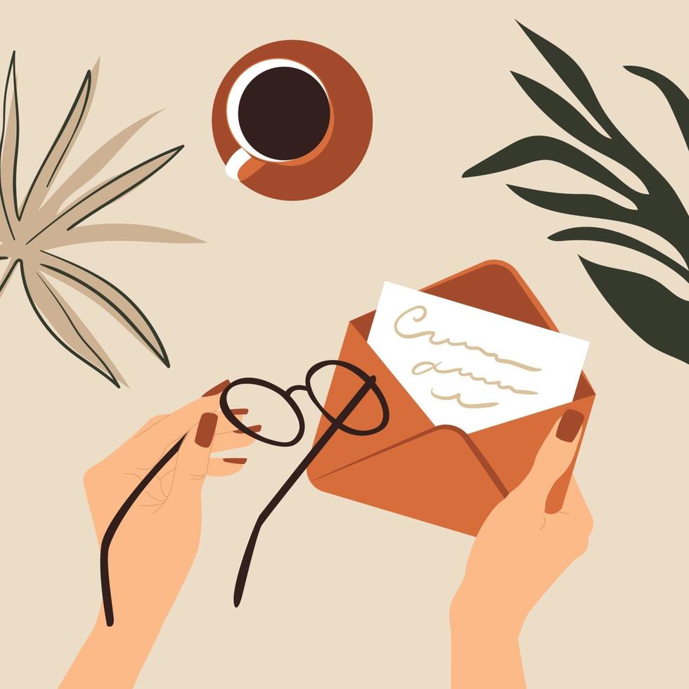 The woman opens the postal card at the table with a cup of coffee. vector