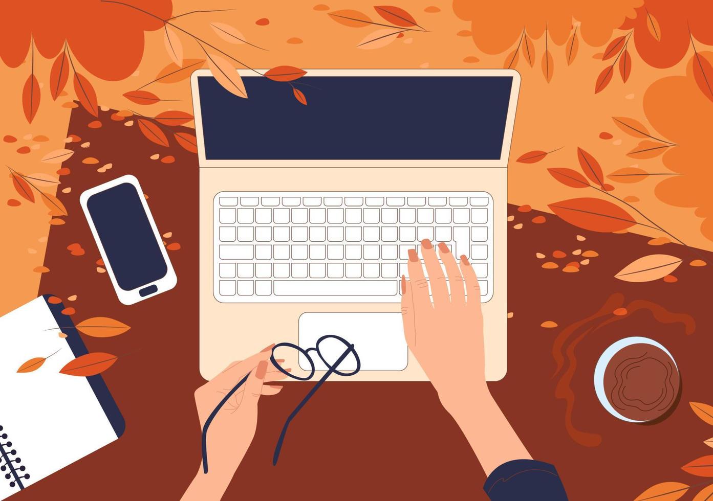 vista superior de manos femeninas trabajando detrás de una computadora portátil en el césped en un parque de otoño. ilustración vectorial plana de freelance al aire libre vector