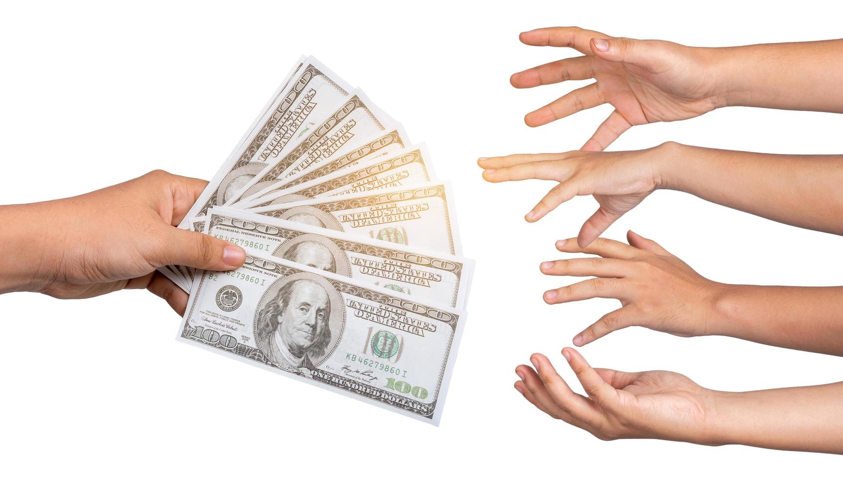 Los empresarios mano para enviar dinero billetes de banco atrapar conceptos de pago de dinero foto