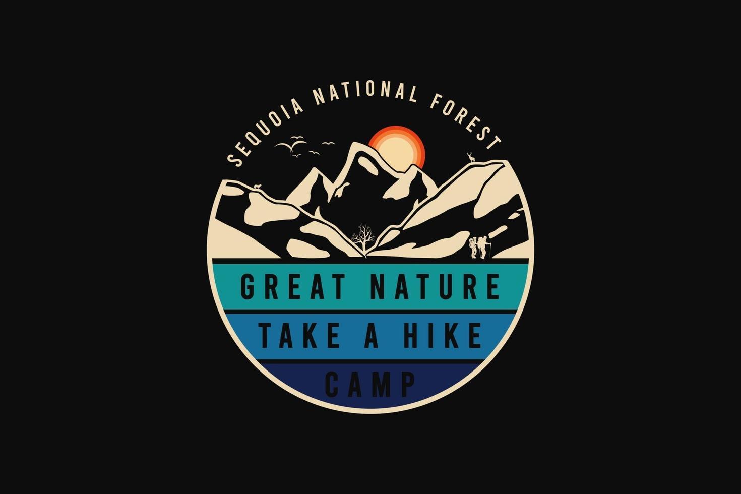 gran naturaleza tomar un campamento de caminata, silueta estilo retro vector