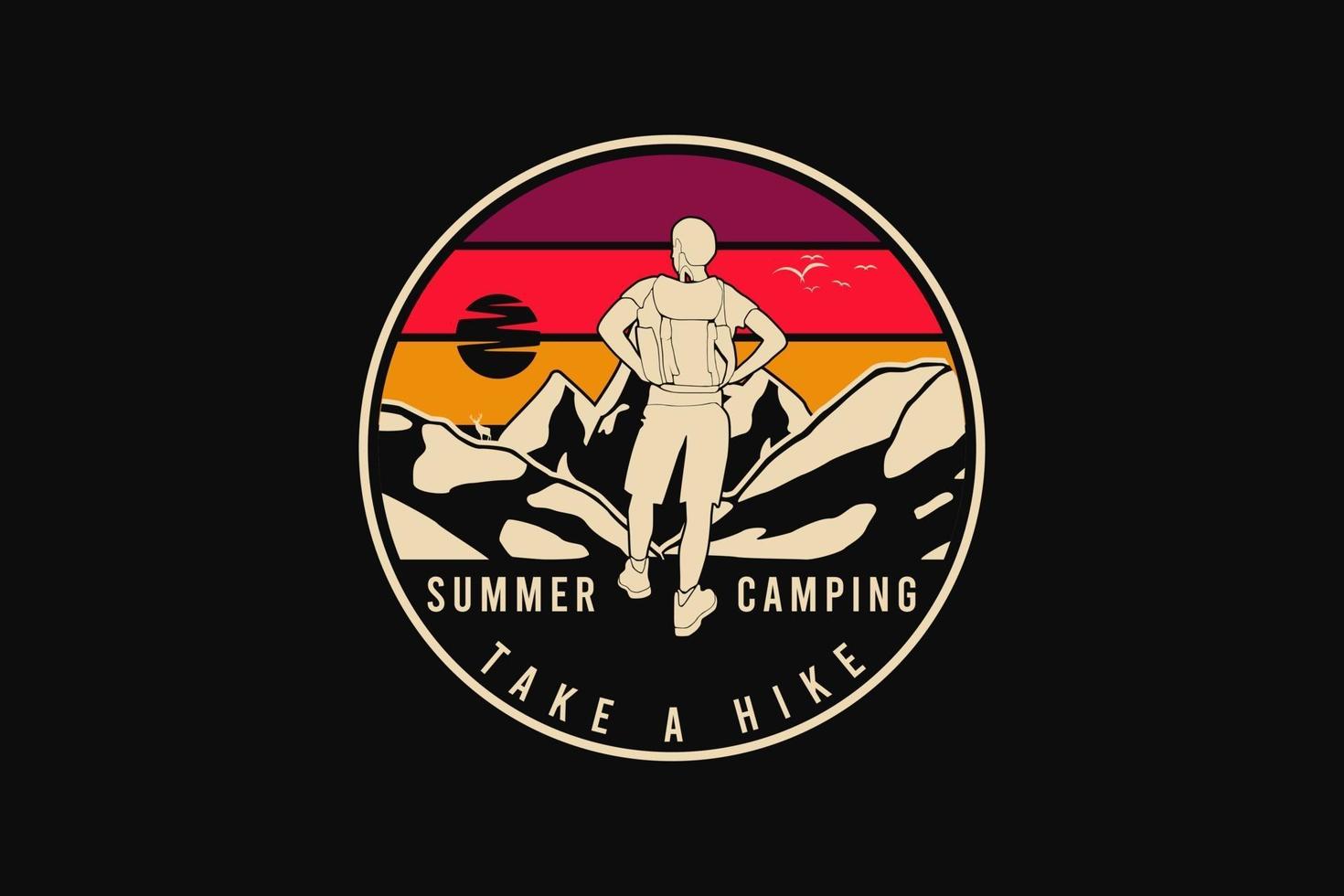 Camping de verano, caminata, silueta estilo retro. vector