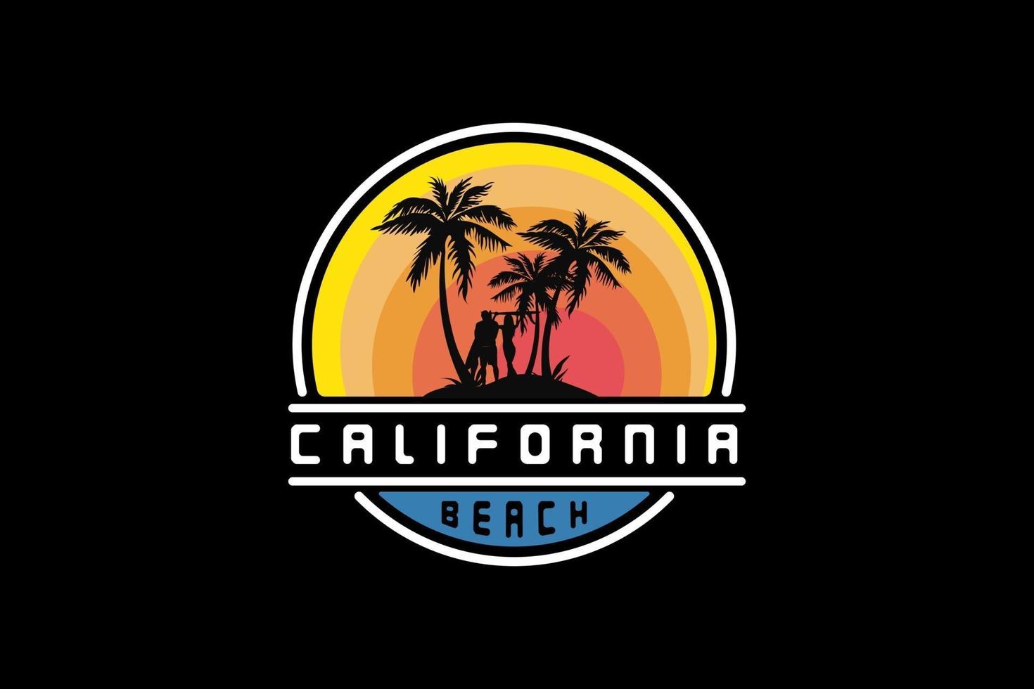 California beach, silhouette retro vintage style vector