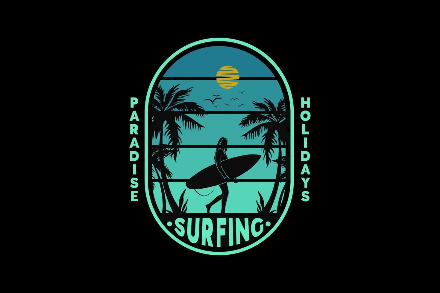 Vacaciones de surf paradisíacas, diseño de silueta estilo retro. vector