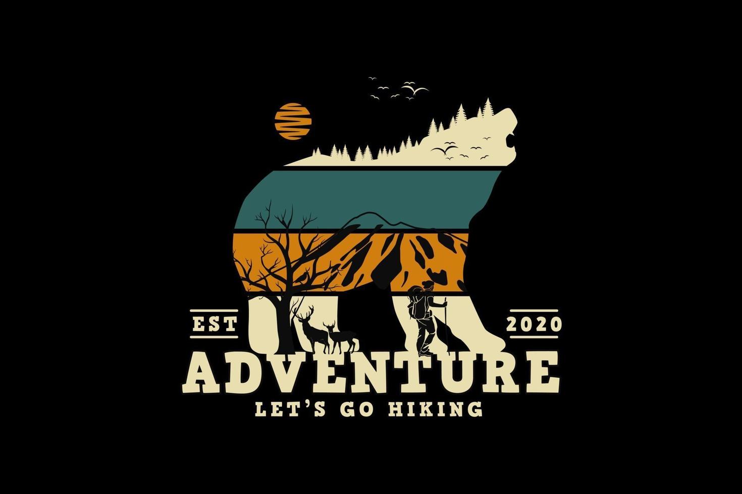 Aventura vamos a ir de excursión, diseño silueta estilo retro. vector