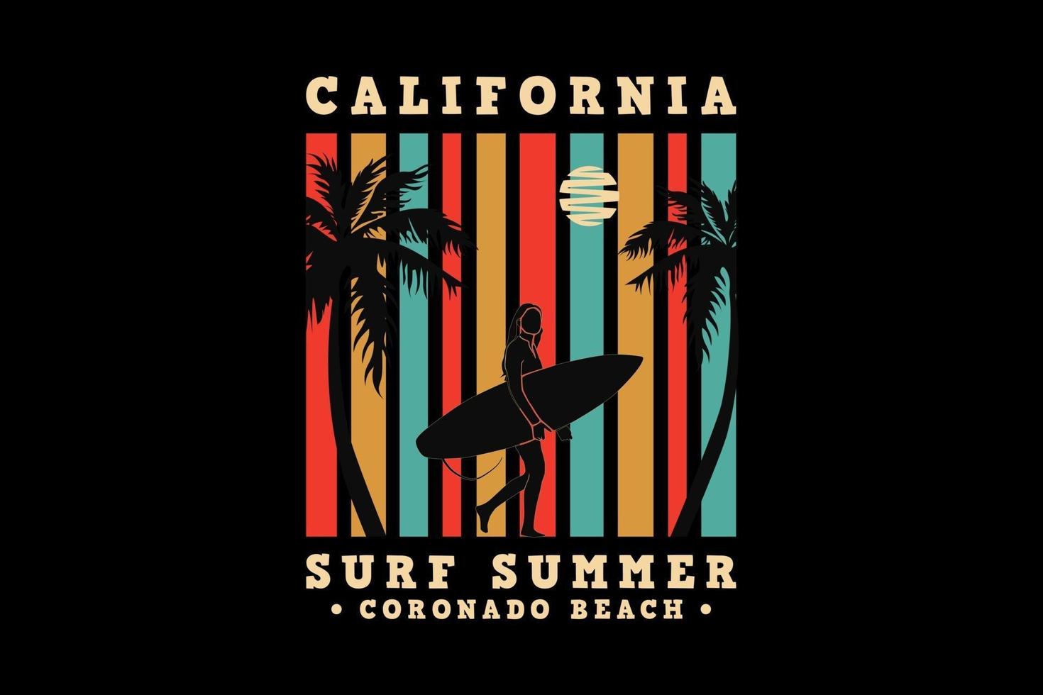 verano de surf de california, diseño de silueta estilo retro vector