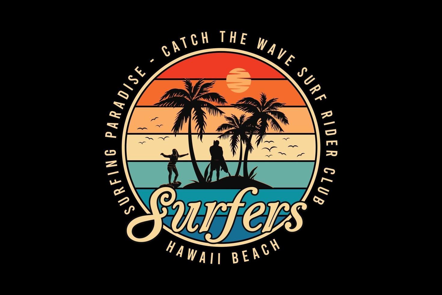 Surfers hawaii beach, design silhouette retro style vector