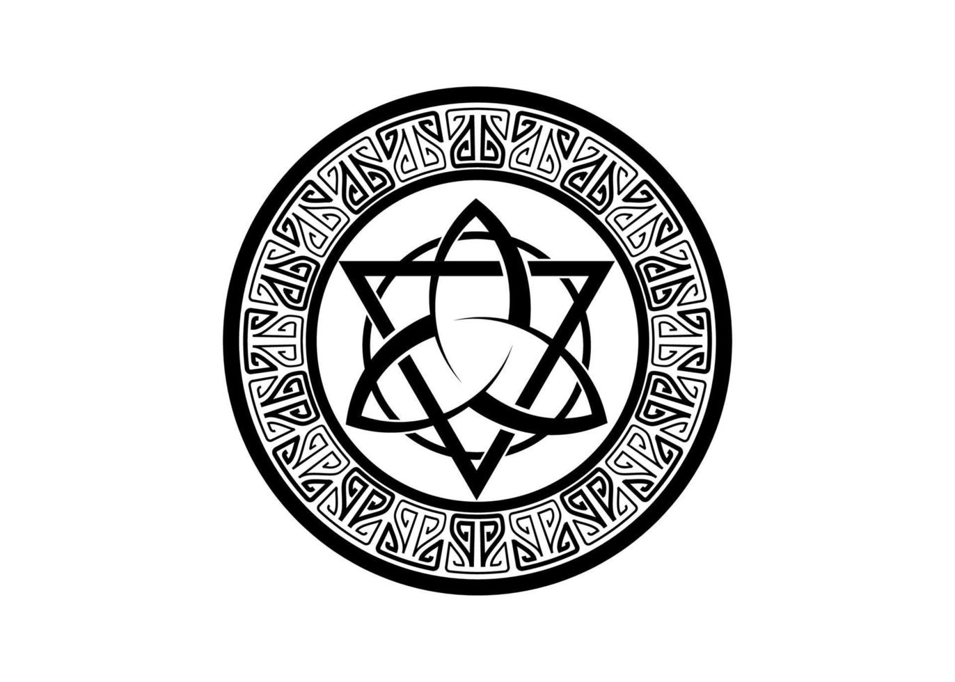 Triquetra with Triangle and Circle logo, Trinity Knot tattoo, Pagan Celtic symbol Triple Goddess. Wicca frame sign, book of shadows, Vector Border Wiccan divination isolated on white background