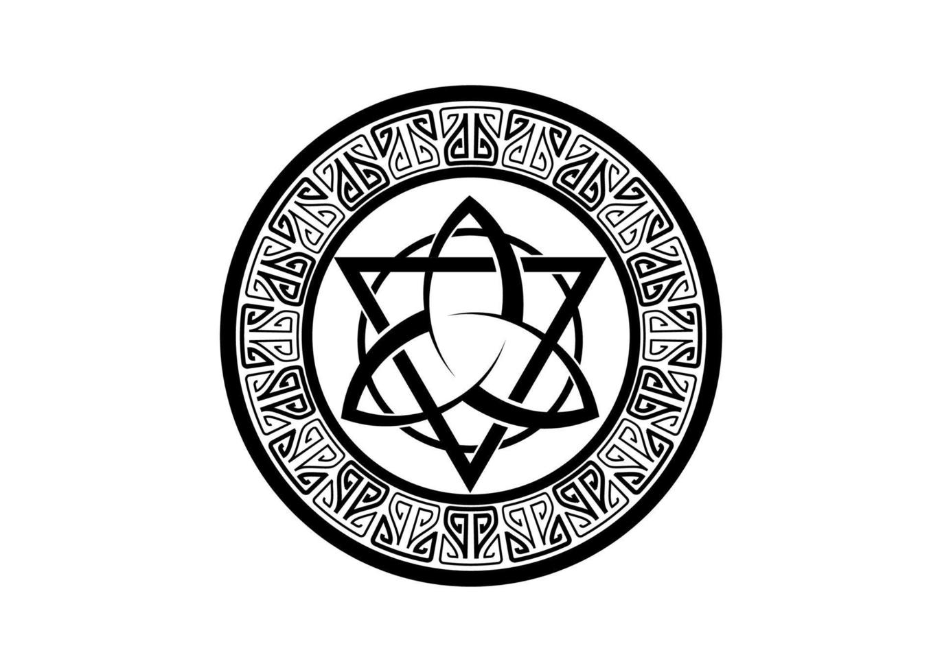 triquetra con logotipo de triángulo y círculo, tatuaje de nudo de trinidad, símbolo celta pagano triple diosa. Signo de marco wicca, libro de sombras, adivinación wicca de borde vectorial aislado sobre fondo blanco. vector