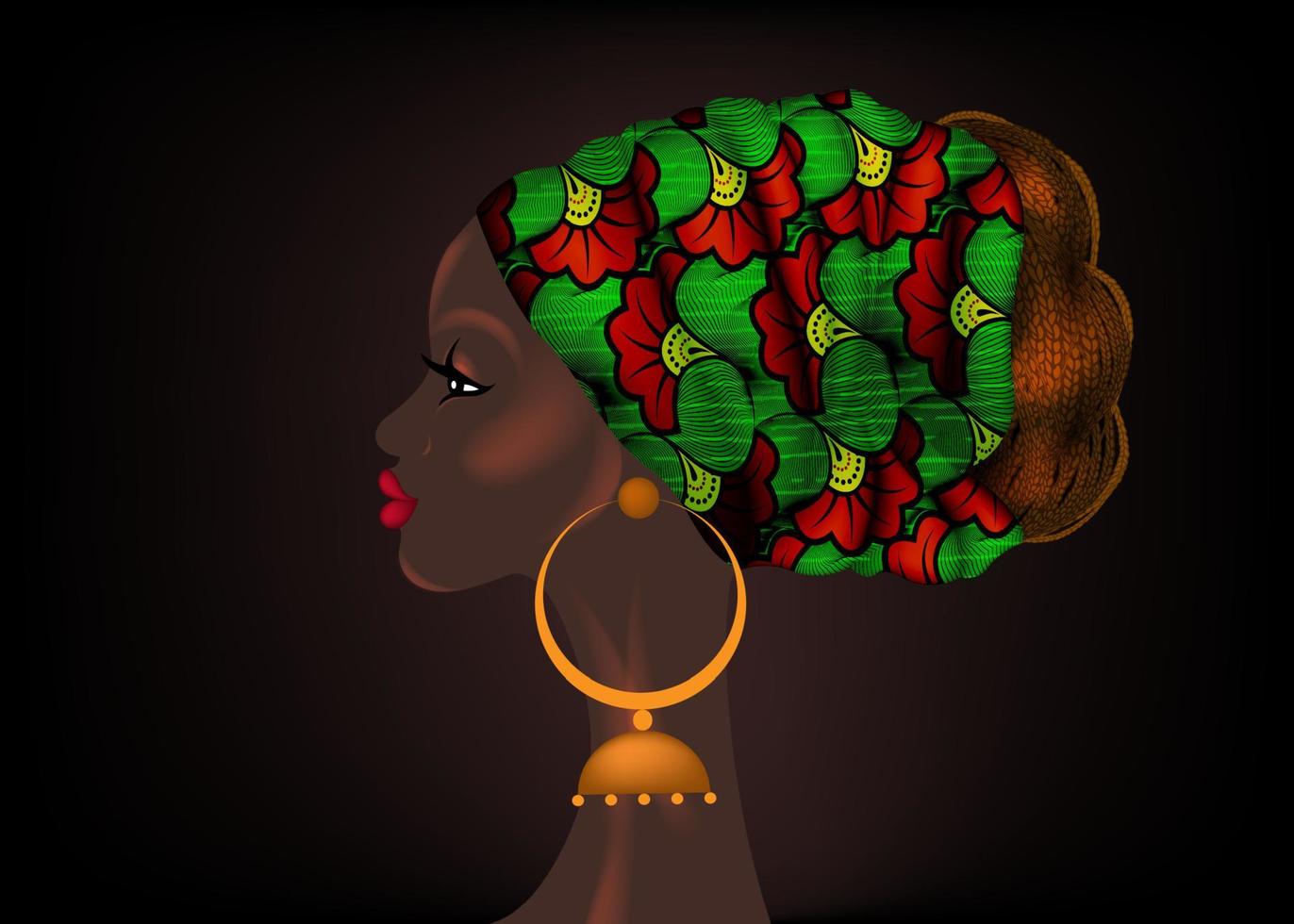 Peinado afro, hermoso retrato de mujer africana en turbante de tela con estampado de cera vector