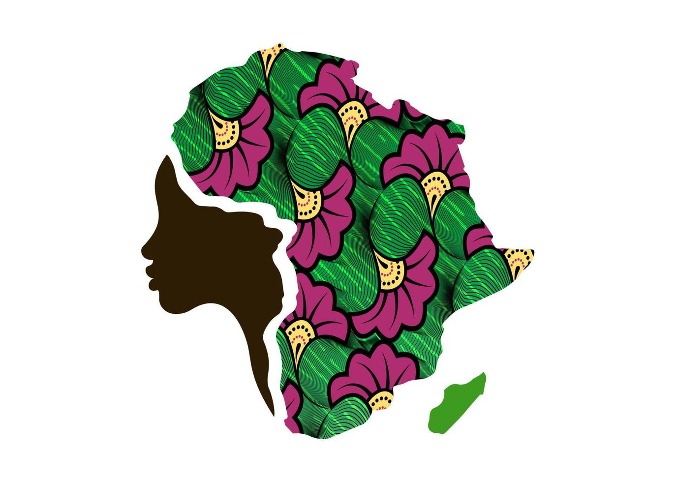 Concept of African woman, face profile silhouette with turban in the shape of a map of Africa. Colorful Afro print fabric, tribal logo design template Vector illustration isolated on white background