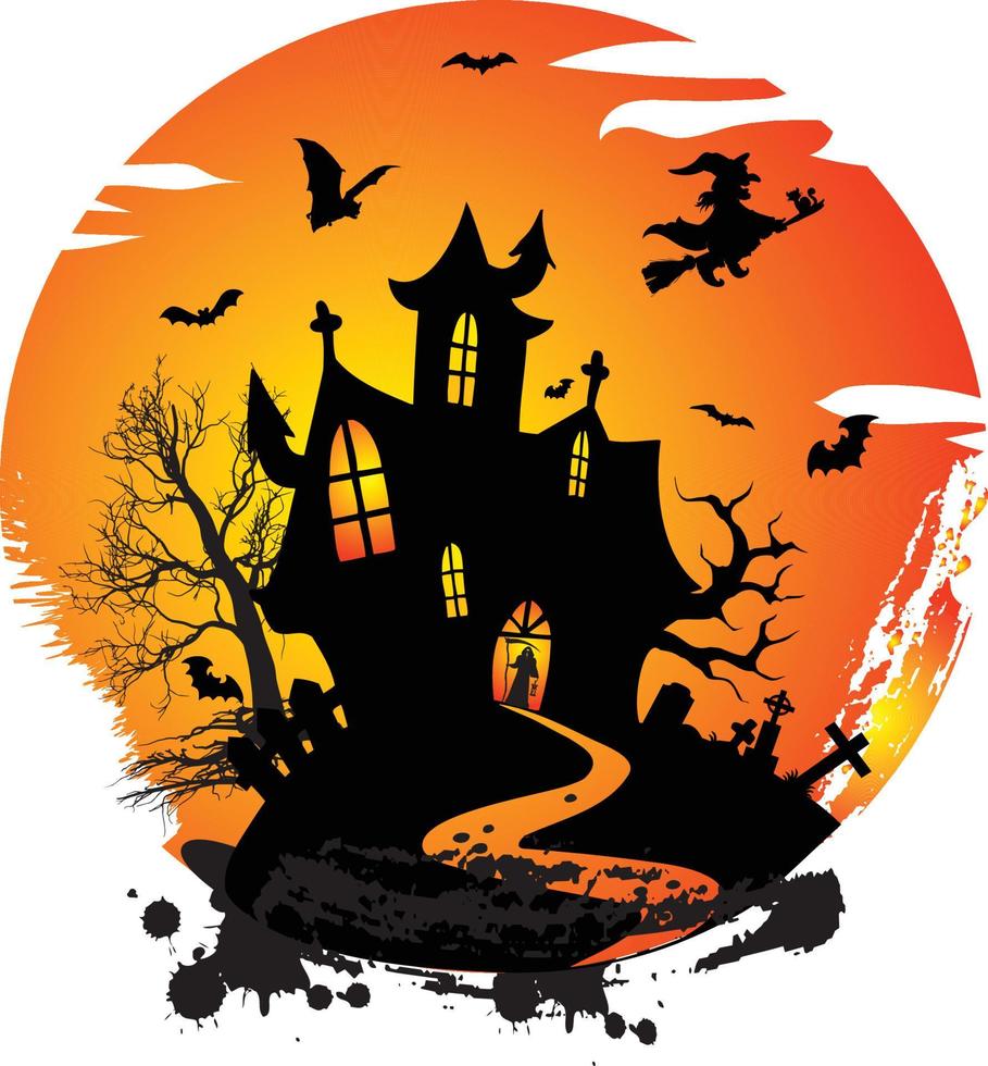 espeluznante diseño de halloween con brujas casa embrujada calabazas y murciélagos sun site vector
