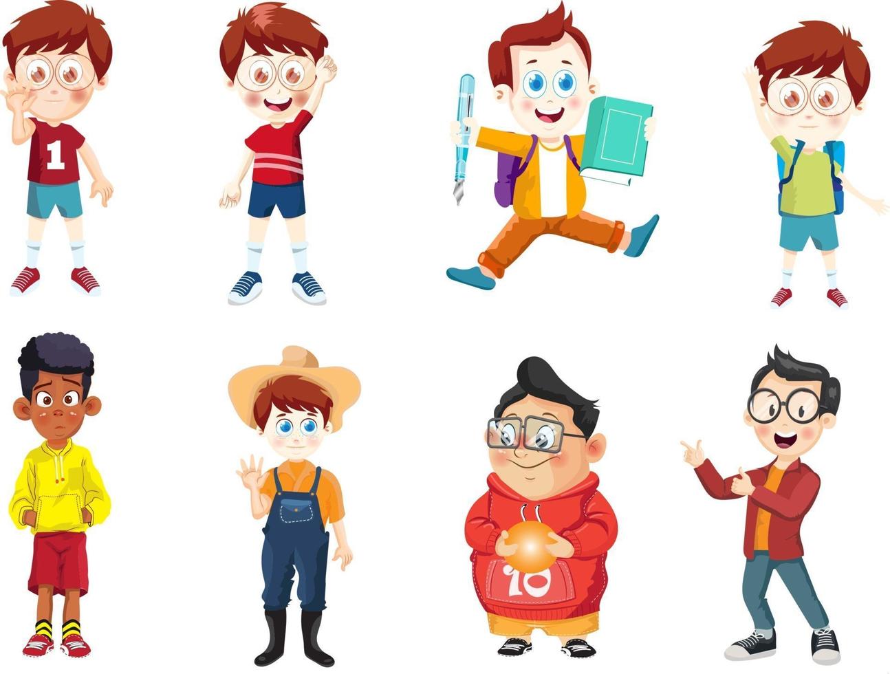 Group of young children cartoon boys characters set vector