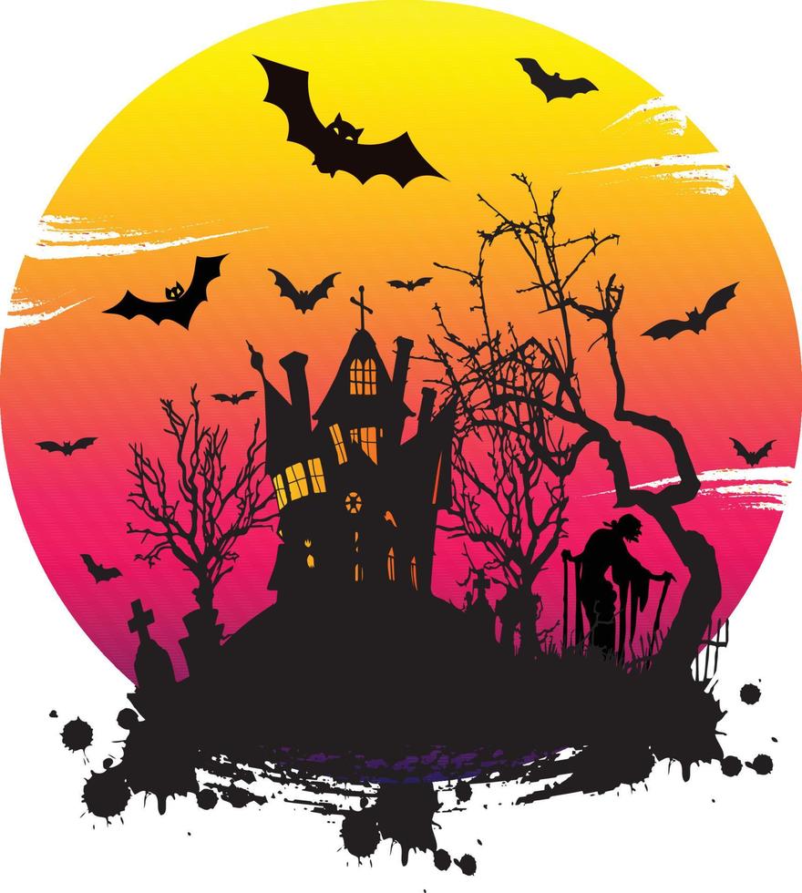 Halloween creepy design with Guest  in Cemetery with Witch  Haunted House  Pumpkins vector