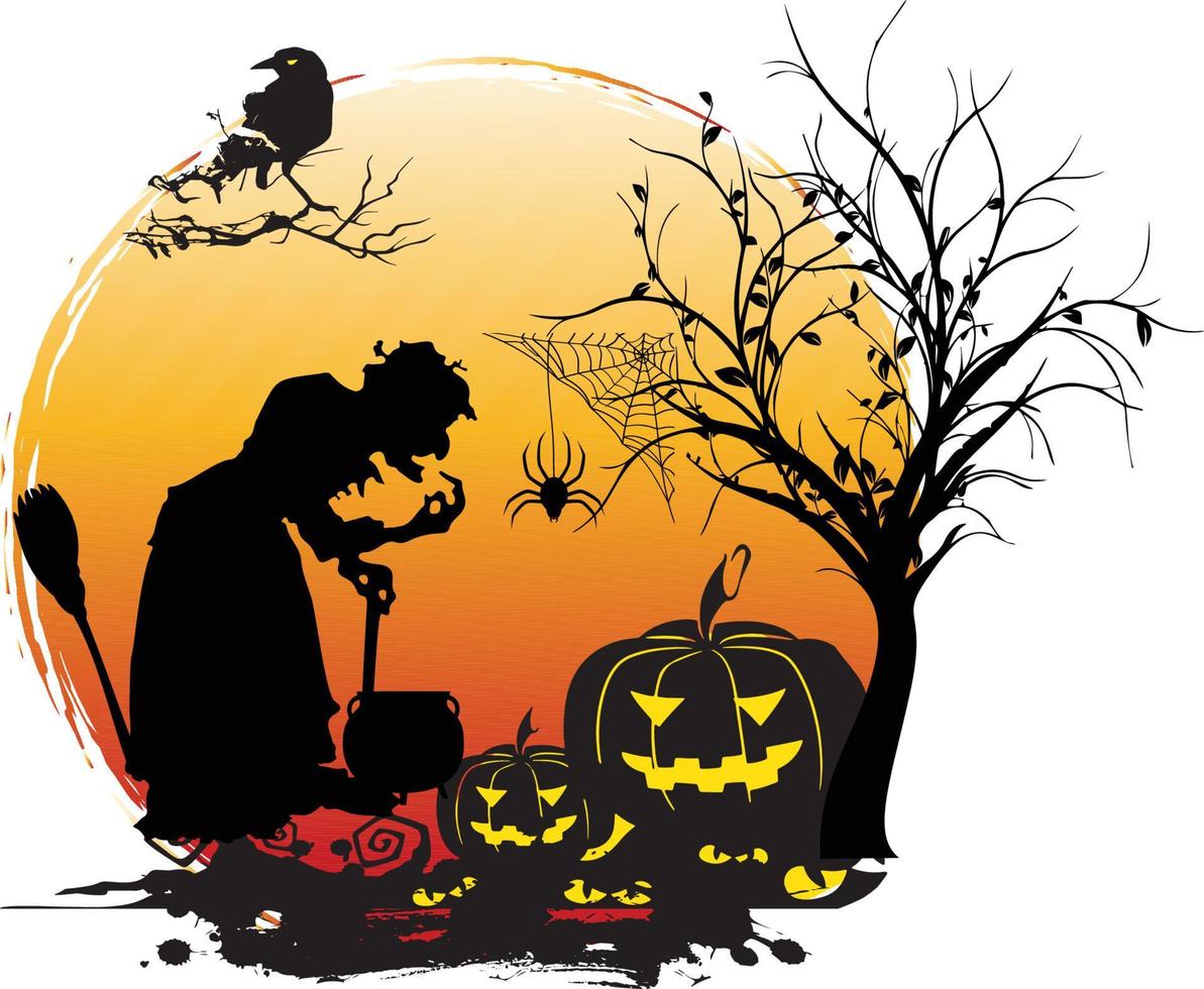 Witch  Haunted House Creepy Halloween Design with Pumpkins and Bats vector