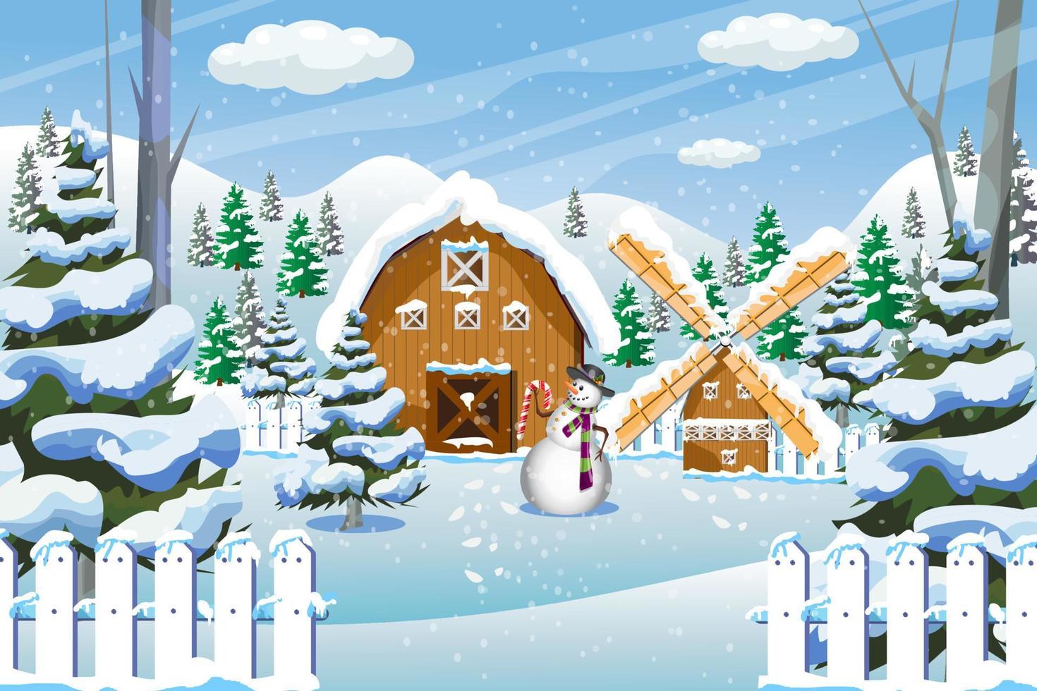 paisaje de bosque de invierno con casa de campo y tarjeta de Navidad de muñeco de nieve. vector