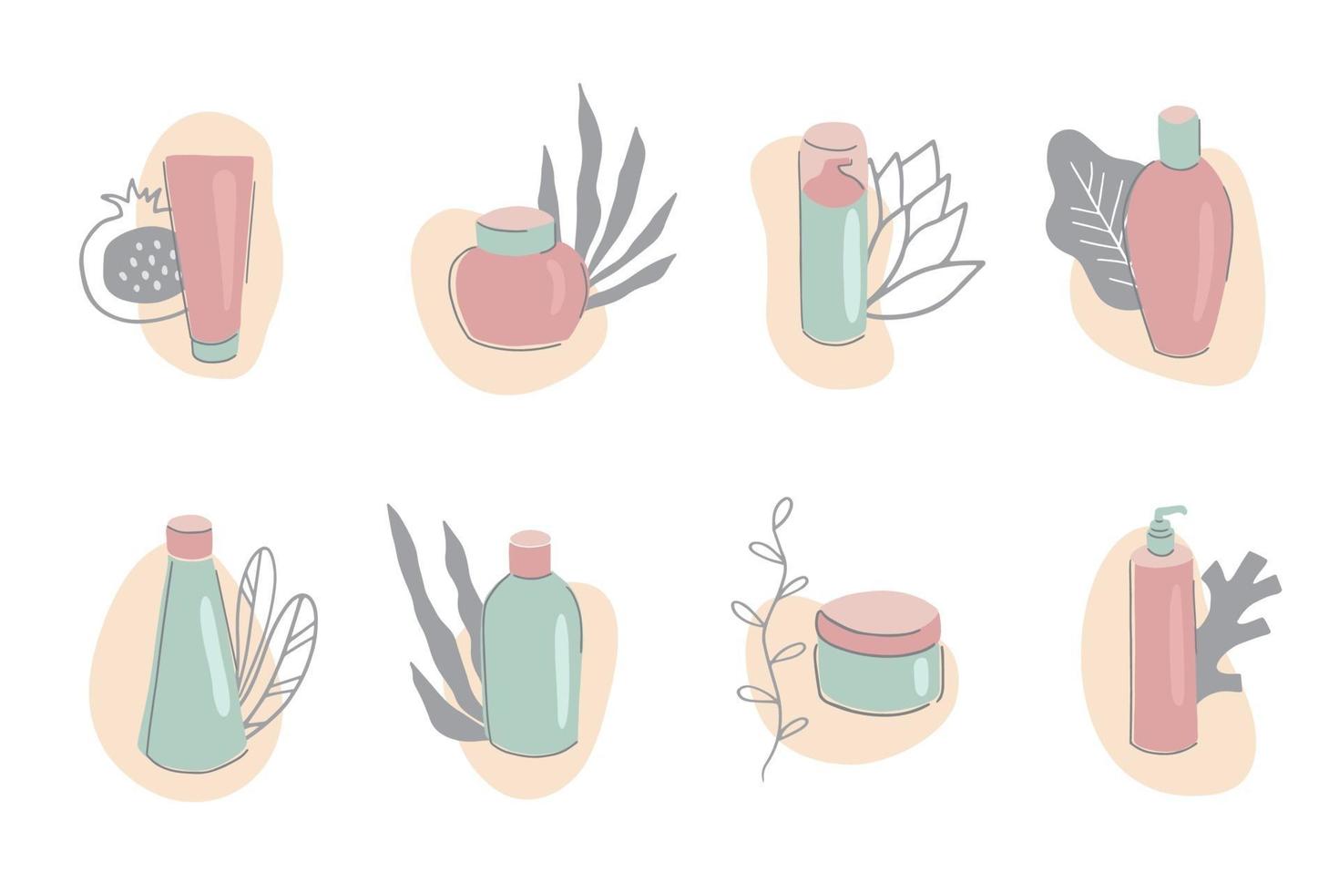 Collection of skincare products with floral elements vector