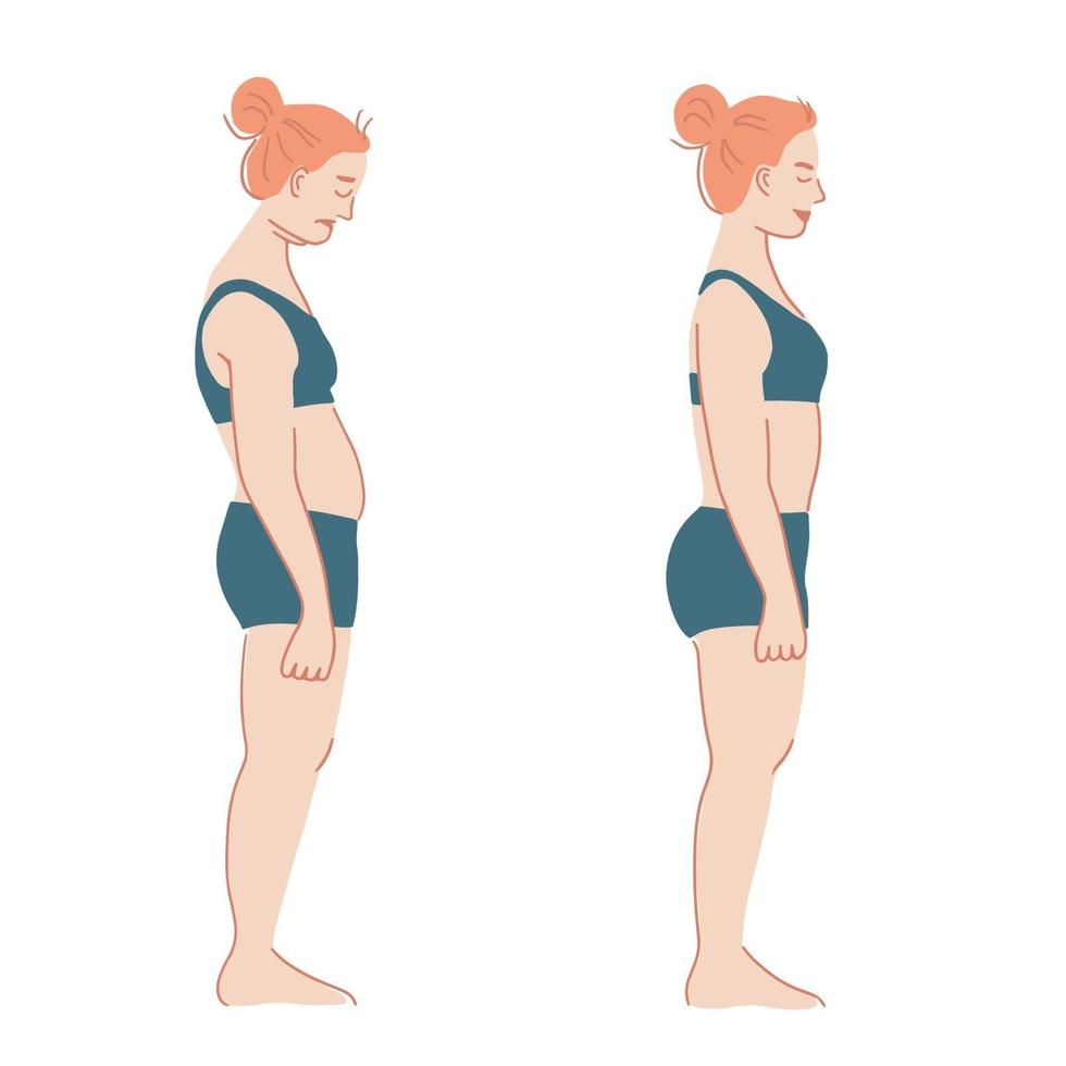 Side view of a woman before and after posture correction vector