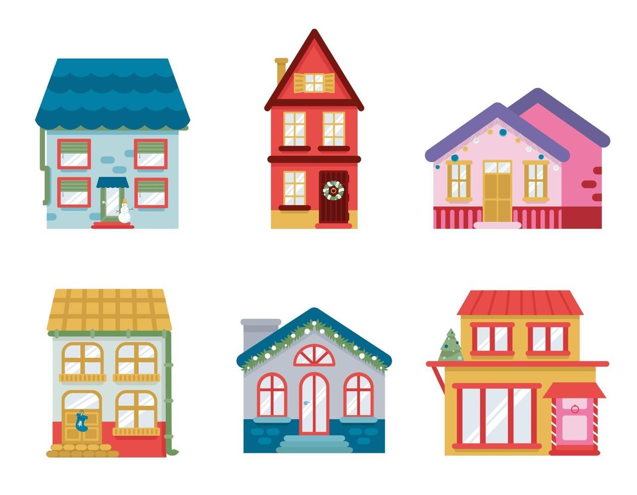Set of decorated houses. Beautiful buildings in holiday season vector