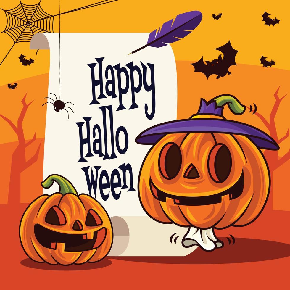 Happy Halloween. Jack O Lantern Halloween pumpkin with vintage scroll vector