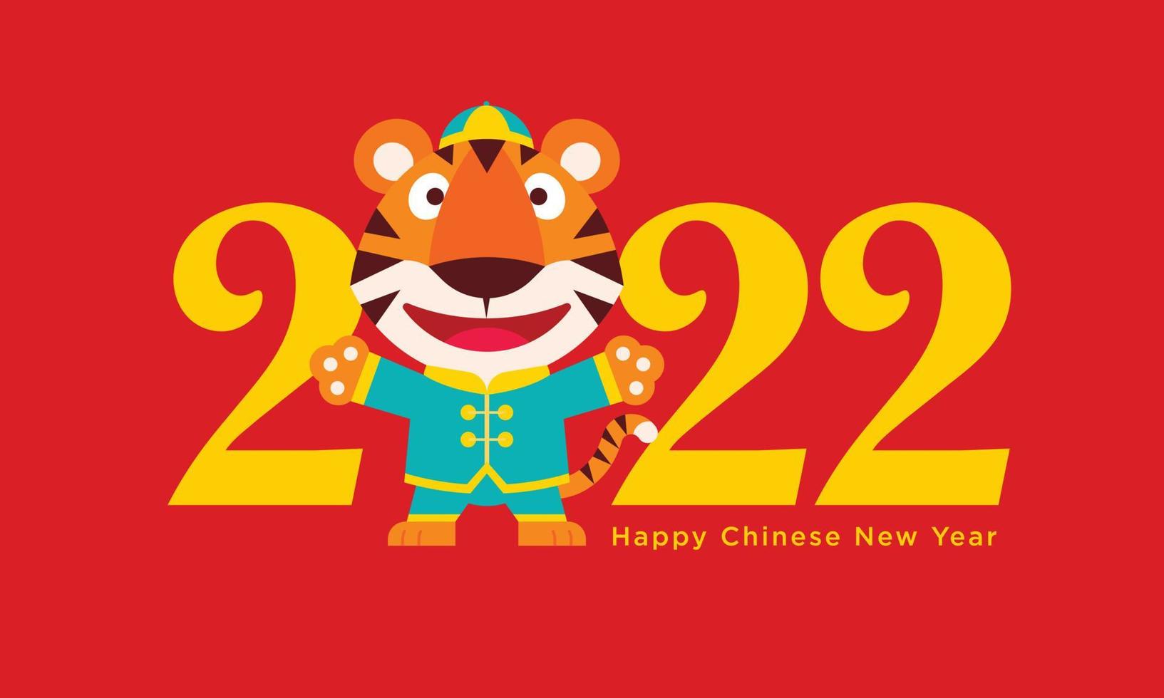 Happy Chinese New Year 2022 greeting with cartoon cute tiger wearing traditional Chinese tang suit. Vector character