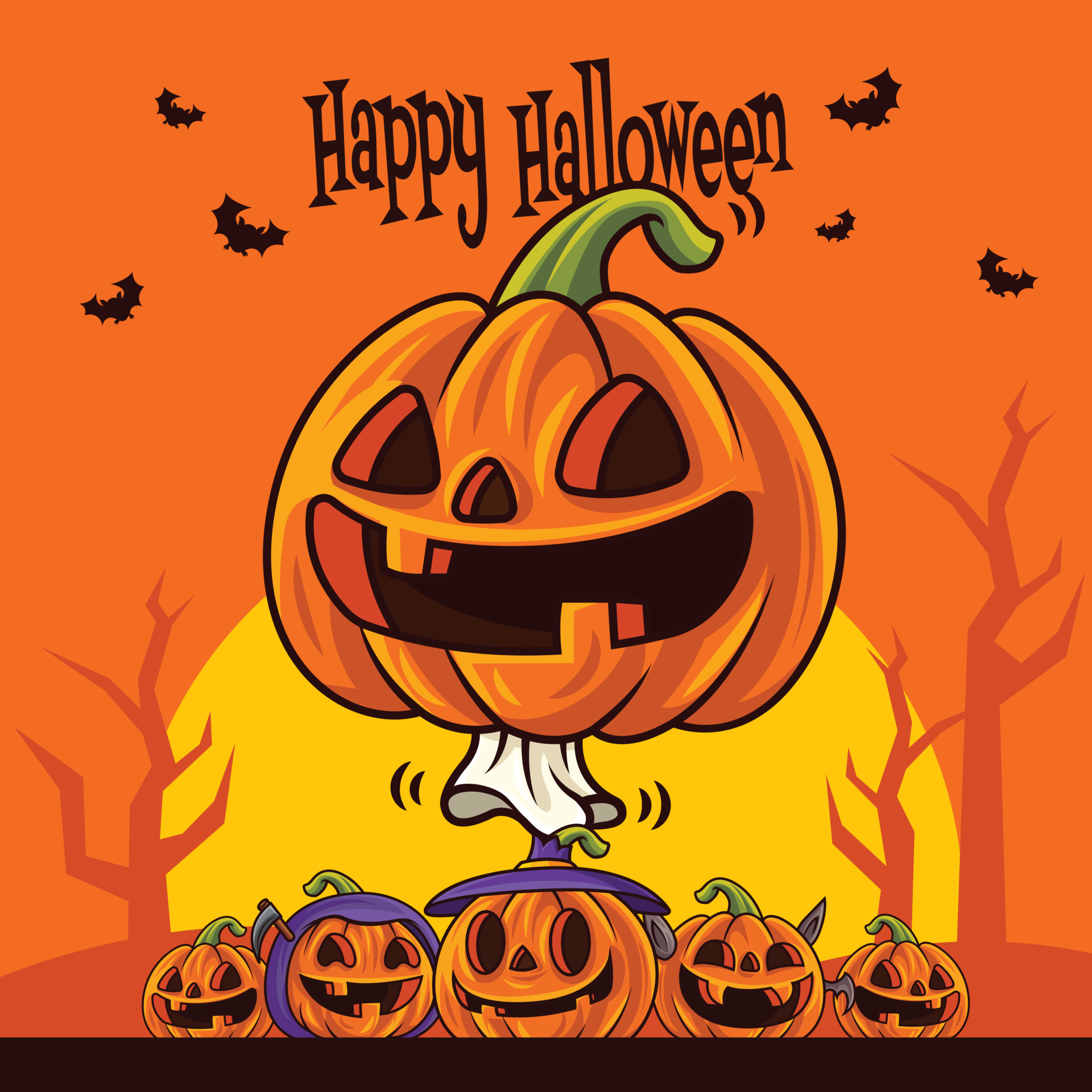Happy Halloween. Cartoon cute Jack O Lantern pumpkin laughing with a group  of small pumpkins 3474409 Vector Art at Vecteezy