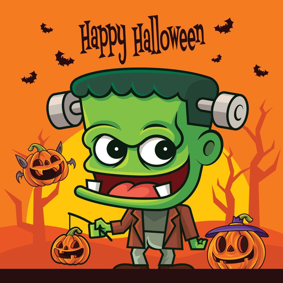 Cartoon green monster holding pumpkin lantern with fly bats on creepy halloween background vector